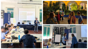 Photos of the group in Lucca - inside the meeting room during the training and on a guided tour in Lucca